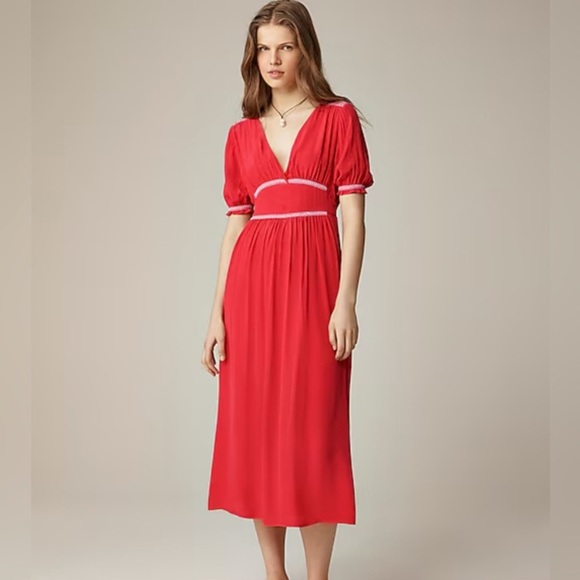 J. Crew Dresses & Skirts - NWT J. Crew Smocked-trim Midi Dress Crepe de Chine Vintage Red